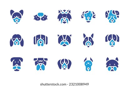 Dog breeds icon set. Duotone color. Vector illustration. Containing english toy terrier, dog, yorkshire terrier, dalmatian, dalmatian dog, dachshund, saint bernard, american bully, corgi, pointer.