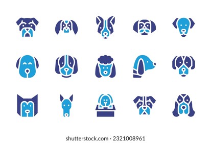 Dog breeds icon set. Duotone color. Vector illustration. Containing rottweiler, pekingese, corgi, shih tzu, golden retriever, dog, spaniel, siberian husky, doberman, adoption, boxer, basset hound.