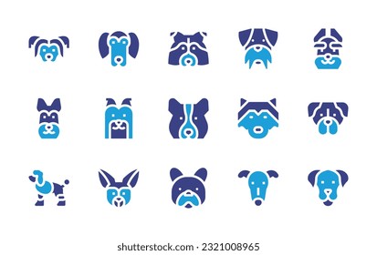 Dog breeds icon set. Duotone color. Vector illustration. Containing chinese crested, saluki, shetland sheepdog, schnauzer, scottish terrier, yorkshire terrier, corgi, malamute, boxer, poodle.