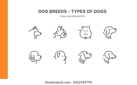 Dog Breeds Icon Set: Featuring Labrador, German Shepherd, Poodle, Bulldog, and More. Includes Popular Breeds like Beagle, Dachshund, and Pug. Editable Linear Vector Collection for Pet Lovers