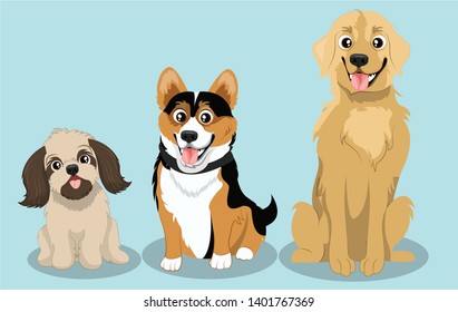 Dog Breeds Illustration, Shi Tzu, Corgi, Golden Retriever