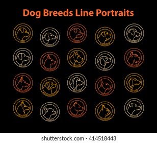 Dog Breeds Line Badges Set. Dog Line Portraits Collection. Boxer, Dachshund, French Bulldog, Beagle, Labrador, Retriever, Bernese, Jack Russell, Shepherd, Husky, Doberman, Mastiff, Schnauzer, Setter