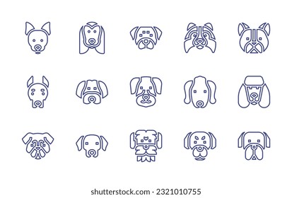 Dog breeds line icon set. Editable stroke. Vector illustration. Containing rat terrier, afghan hound, rottweiler, shetland sheepdog, bulldog, dog, water dog, dachshund, bedlington terrier, poodle.