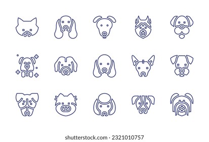 Dog breeds line icon set. Editable stroke. Vector illustration. Containing pomeranian, cocker spaniel, greyhound, siberian husky, dog, water dog, xoloitzcuintle, schnauzer, rat terrier, poodle.