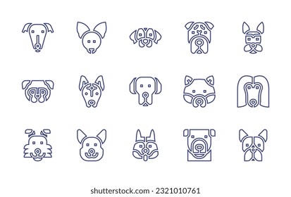 Juego de iconos de línea de raza de perro. Trazo editable. Ilustración vectorial. Conteniendo galgo, chihuahua, puntero inglés, shar pei, scottish terrier, pug, xoloitzcuintle, gran dane, shiba inu, afghan hound.