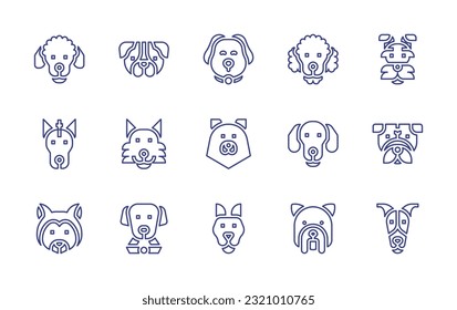 Juego de iconos de línea de raza de perro. Trazo editable. Ilustración vectorial. Con caniche, bulldog, perro, perro de agua, schnauzer, xoloitzcuintle, pastor alemán, pomerano, dachshund, pug, akita inu, whippet.