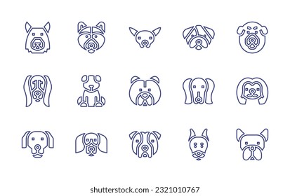 Dog breeds line icon set. Editable stroke. Vector illustration. Containing german shepherd, siberian husky, chihuahua, bulldog, tibetan mastiff, saluki, dog, chow chow, pekingese, golden retriever.