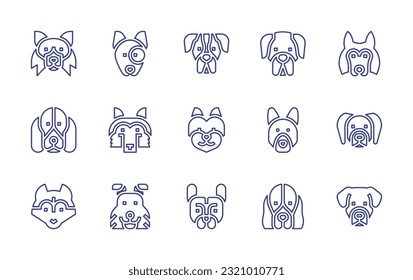 Dog breeds line icon set. Editable stroke. Vector illustration. Containing border collie, bull terrier, saint bernard, great dane, belgian shepherd, basset hound, malamute, west highland terrier.