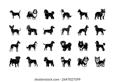 Dog Breeds Line Icon Set. High-Quality Black and White Illustrations of Various Dog Breeds including Poodle, Bulldog, Chihuahua, Pomeranian, and More silhouette vector illustration.