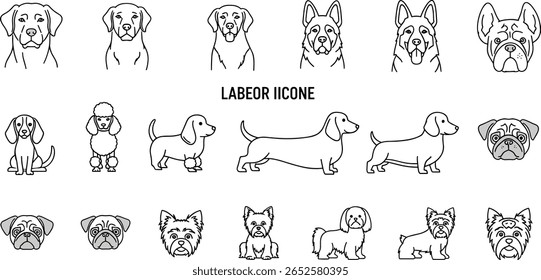 Dog Breeds line icon set. Vector pictograms of labrador, golden retriever, german shepherd, bulldog, beagle, poodle, dachshund, pug, shih tzu, maltese, yorkshire terrier thin linear 