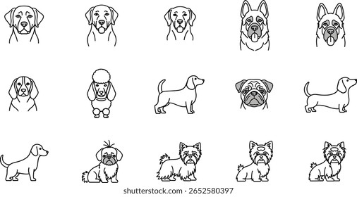 Dog Breeds line icon set. Vector pictograms of labrador, golden retriever, german shepherd, bulldog, beagle, poodle, dachshund, pug, shih tzu, maltese, yorkshire terrier thin linear 