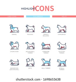 Dog breeds - modern line design style icons set. Puppies collection. Spaniel, pug, french bulldog, chihuahua, chow-chow, jack russel, scottish, yorkshire, bull and pitbull terrier, dachshund, spitz