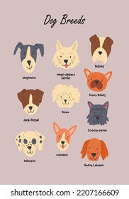 Dog breeds poster on pastel pink background. Domestic dogs faces. Popular dogs characters.