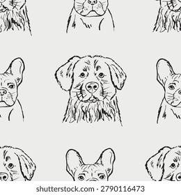 Dog breeds seamless pattern background with french bulldog and golden retriever, bernese mountain dog portraits for pet textiles. Hand drawn vector sketch illustration in vintage crayon charcoal style