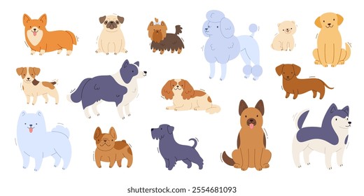 Dog breeds set. Cartoon vector isolated dogs collection. Flat purebred puppies bundle.