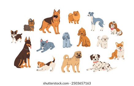 Hundezucht-Set. Süße, flache Illustration im Cartoon-Stil auf weißem Hintergrund. Doberman, chihuahua, yorkshire, jack russell, shar pei, dalmatisch, cocker spaniel, shih tzu und andere Haustiere in Vektor