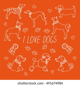 Dog breeds. Set with the inscription I love dogs. Vector icons isolated on orange background in flat style. Contour images - 2018 Chinese New Year of the dog