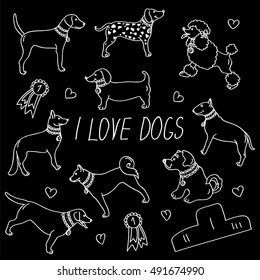Dog breeds. Set with the inscription I love dogs. Vector icons isolated on black background in flat style. Contour images - 2018 Chinese New Year of the dog. 