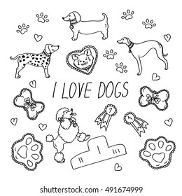 Dog breeds. Set with the inscription I love dogs. Vector icons isolated on white background in flat style. Contour images - 2018 Chinese New Year of the dog