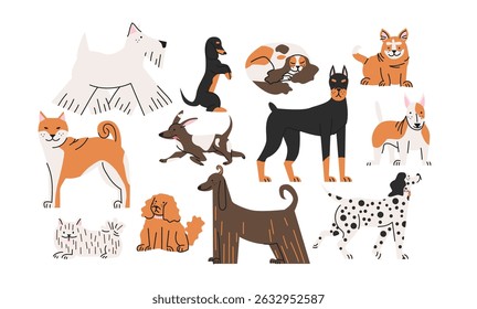 Dog breeds set in retro cartoon style. Pets of different breeds: shiba inu, poodle, doberman, dachshund, dalmatian, setter. Illustration of domestic animals in funky, doodle style, trendy sticker set