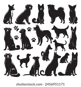 Dog breeds silhouette set Front view of dogs group standing or sitting of different breeds vector silhouette collection