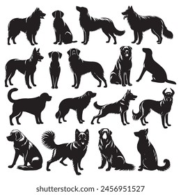 Dog breeds silhouette set Front view of dogs group standing or sitting of different breeds vector silhouette collection