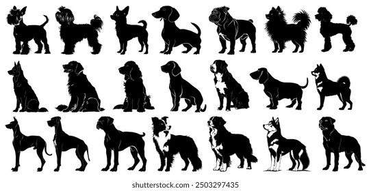 Juego de siluetas de razas de perros, ideal para temas de mascotas y animales - Ilustración vectorial plana