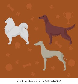 Dog breeds silhouettes collection isolated. Irish setter, samoyed and greyhound. Icons for cynology, pet clinic and shop