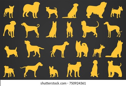Dog breeds silhouettes. Dog icons collection. Chinese zodiac 2018. Vector 
