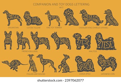 Dog breeds silhouettes with lettering, simple style clipart. Companion dogs and toy dogs collection.  Vector illustration