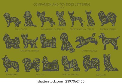 Dog breeds silhouettes with lettering, simple style clipart. Companion dogs and toy dogs collection.  Vector illustration