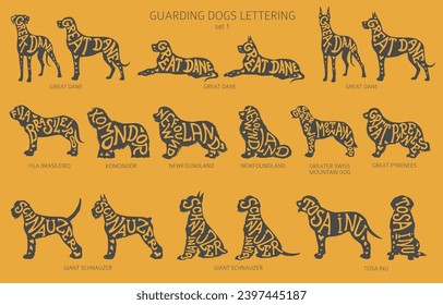 Dog breeds silhouettes with lettering, simple style clipart. Guardian dogs and service dog collection.  Vector illustration