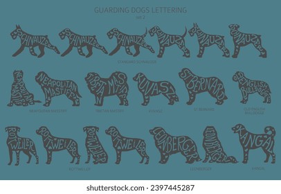 Dog breeds silhouettes with lettering, simple style clipart. Guardian dogs and service dog collection.  Vector illustration