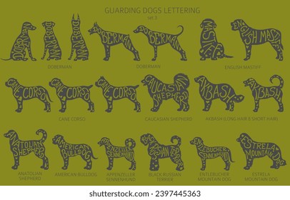 Dog breeds silhouettes with lettering, simple style clipart. Guardian dogs and service dog collection.  Vector illustration