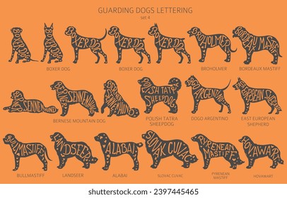 Dog breeds silhouettes with lettering, simple style clipart. Guardian dogs and service dog collection.  Vector illustration