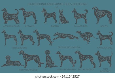 Dog breeds silhouettes with lettering, simple style clipart. Hunting dogs, sighthounds and pariah dogs collection.  Vector illustration