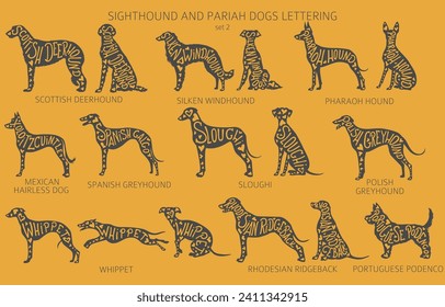 Dog breeds silhouettes with lettering, simple style clipart. Hunting dogs, sighthounds and pariah dogs collection.  Vector illustration