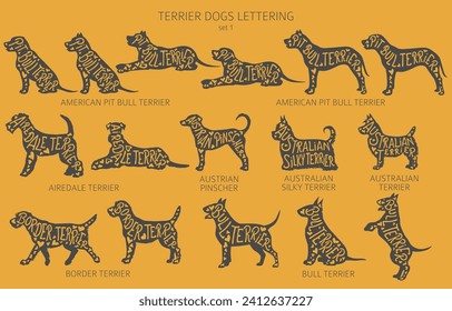 Dog breeds silhouettes with lettering, simple style clipart. Hunting dogs, Terrier dogs collection.  Vector illustration