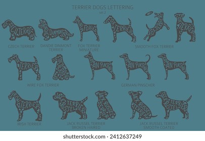 El perro engendra siluetas con letras, estilo simple clíparte. Perros de caza, colección de perros Terrier.  Ilustración del vector