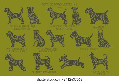 Dog breeds silhouettes with lettering, simple style clipart. Hunting dogs, Terrier dogs collection.  Vector illustration