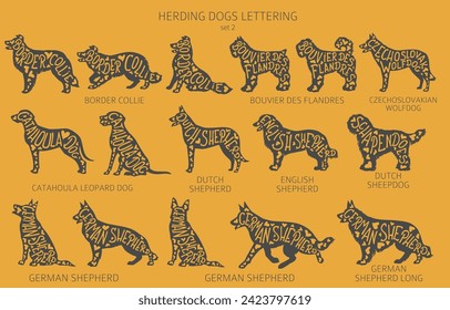 El perro engendra siluetas con letras, estilo simple clíparte. Perros pastores, perro pastor, colección de pastores.  Ilustración del vector