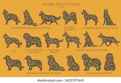 Dog breeds silhouettes with lettering, simple style clipart. Herding dogs, sheepdog, shepherds collection.  Vector illustration