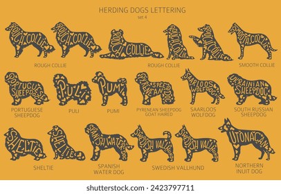 El perro engendra siluetas con letras, estilo simple clíparte. Perros pastores, perro pastor, colección de pastores.  Ilustración del vector