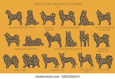 Dog breeds silhouettes with lettering, simple style clipart. North dogs and Spitz collection.  Vector illustration