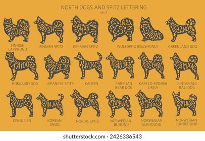 Dog breeds silhouettes with lettering, simple style clipart. North dogs and Spitz collection.  Vector illustration