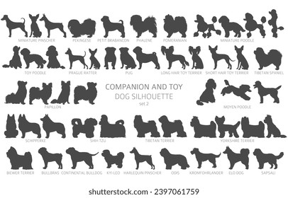 Hund brütet Silhouetten, einfache Clipkunst. Begleiter- und Spielzeughundesammlung.  Vektorgrafik