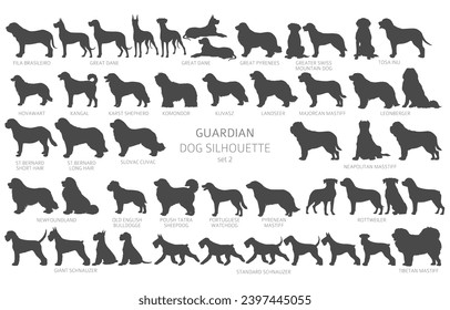 Dog breeds silhouettes, simple style clipart. Guardian dogs and service dog collection.  Vector illustration