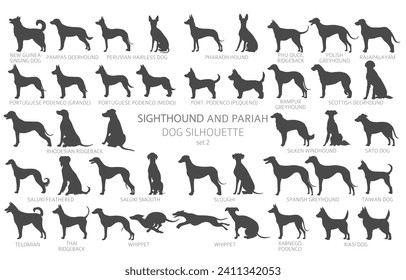 Dog breeds silhouettes simple style clipart. Hunting dogs Sightounds and pariah dogs collection.  Vector illustration