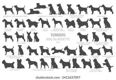 Dog breeds silhouettes, simple style clipart. Hunting dogs, Terrier collection.  Vector illustration