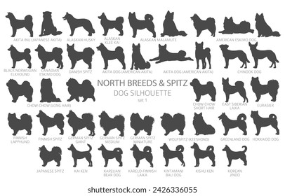 Dog breeds silhouettes simple style clipart. North breeds and Spitz collection.  Vector illustration